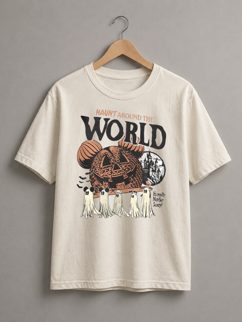 Off White Halloween Graphic Tee with Orange Pumpkin & Black Text